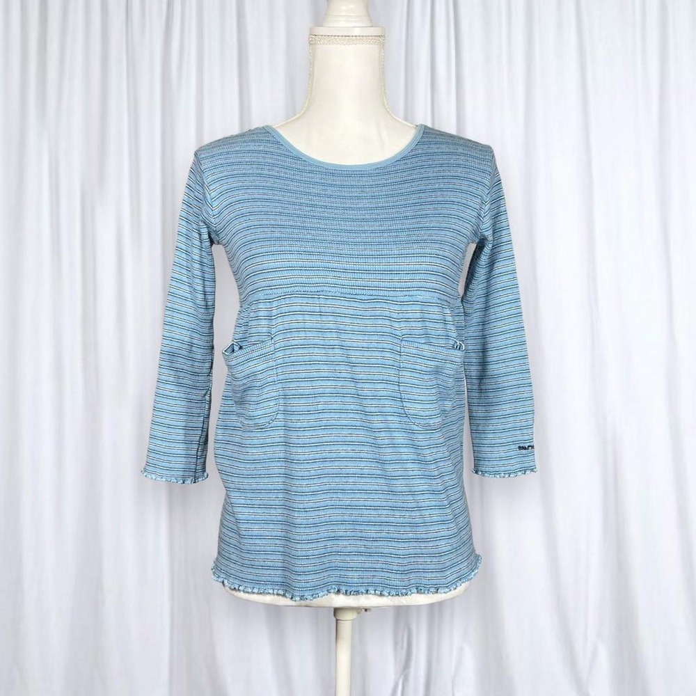 Ralph Lauren Blue Striped Babydoll Top Lettuce Hem Y2K